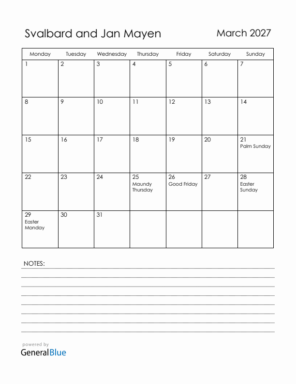 March 2027 Svalbard and Jan Mayen Calendar with Holidays (Monday Start)