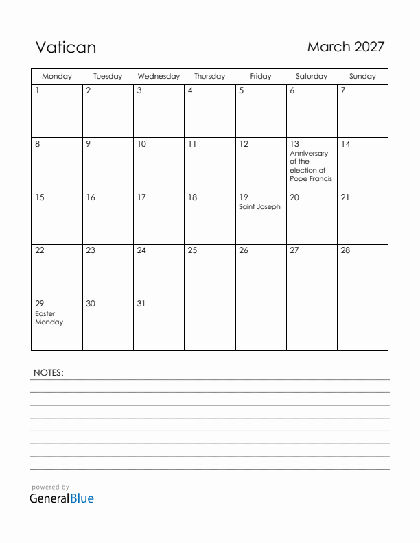 March 2027 Vatican Calendar with Holidays (Monday Start)