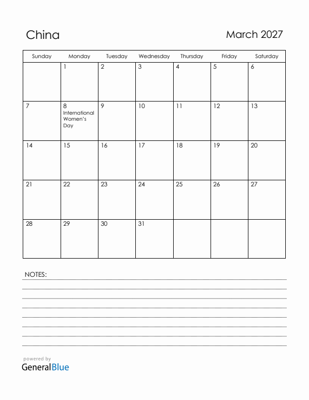 March 2027 China Calendar with Holidays (Sunday Start)