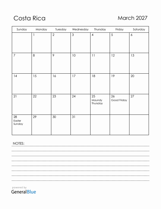 March 2027 Costa Rica Calendar with Holidays (Sunday Start)