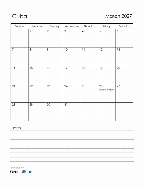 March 2027 Cuba Calendar with Holidays (Sunday Start)