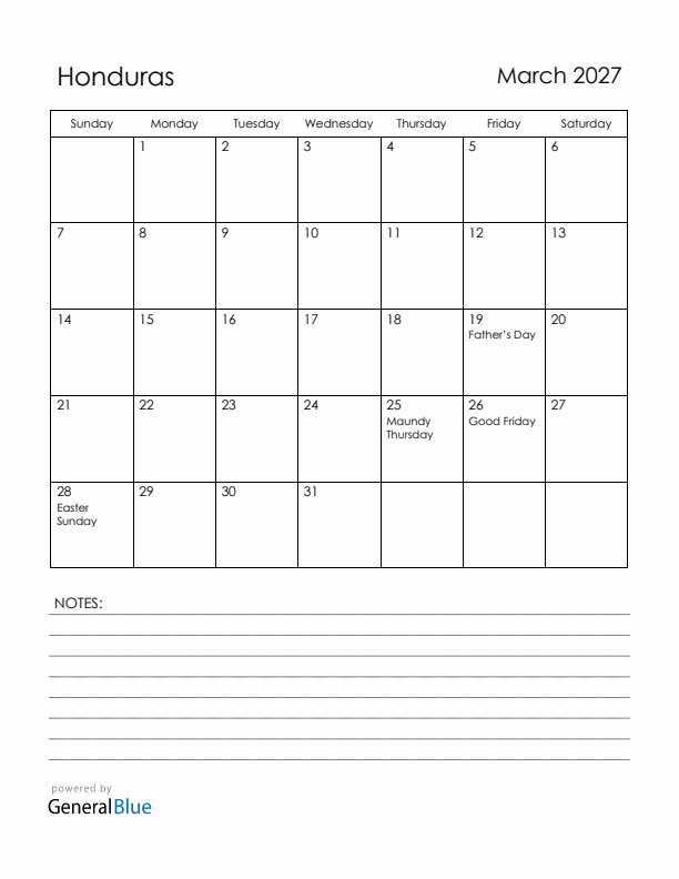 March 2027 Honduras Calendar with Holidays (Sunday Start)