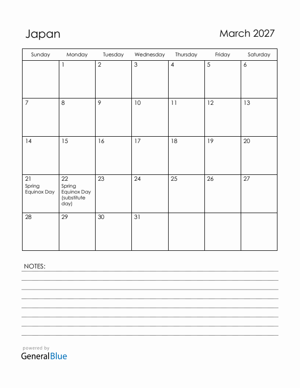 March 2027 Japan Calendar with Holidays (Sunday Start)