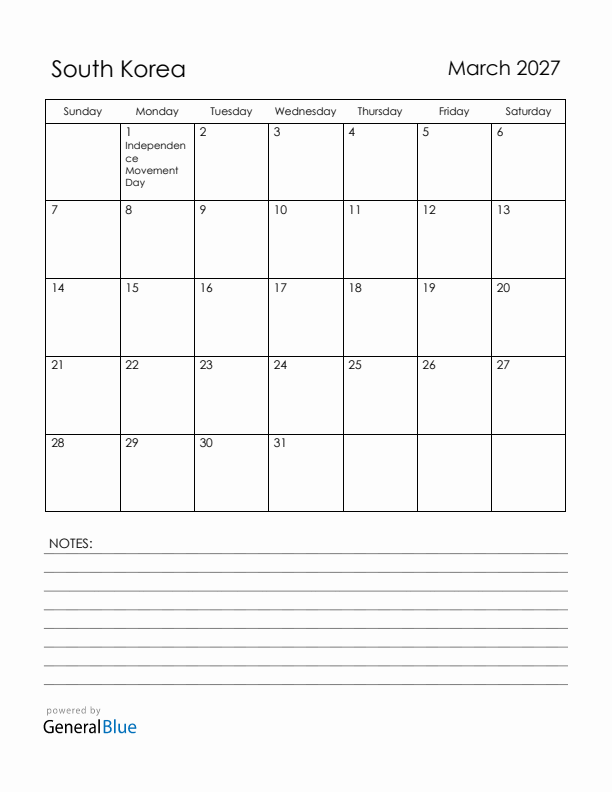 March 2027 South Korea Calendar with Holidays (Sunday Start)