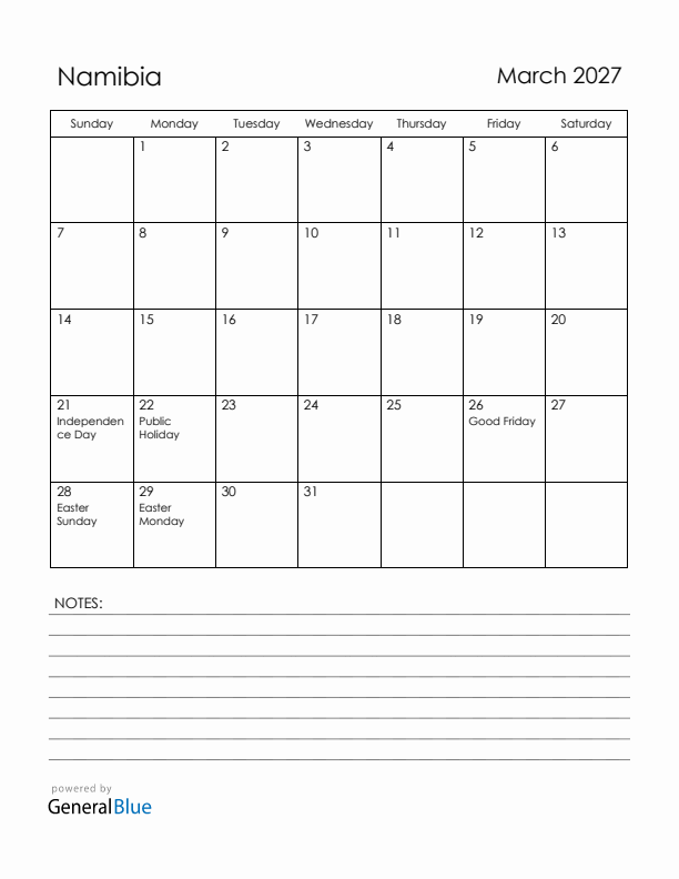 March 2027 Namibia Calendar with Holidays (Sunday Start)