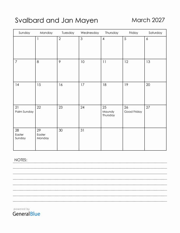 March 2027 Svalbard and Jan Mayen Calendar with Holidays (Sunday Start)