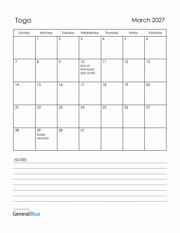 March 2027 Togo Calendar with Holidays (Sunday Start)