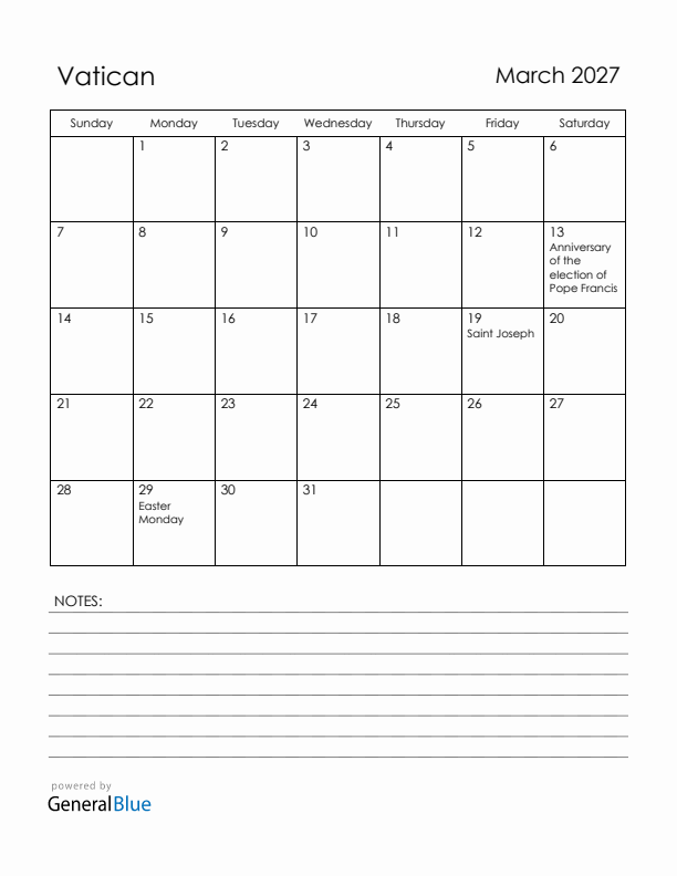 March 2027 Vatican Calendar with Holidays (Sunday Start)