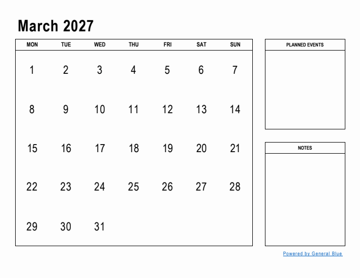 March 2027 Calendar Planner