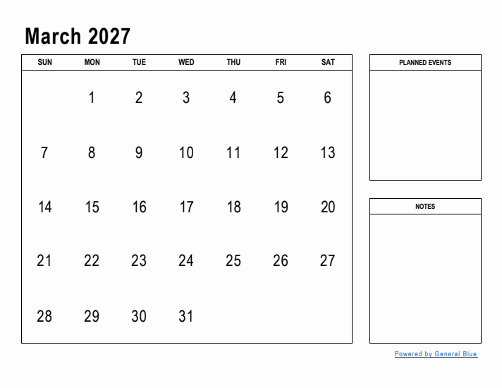 March 2027 Calendar Planner