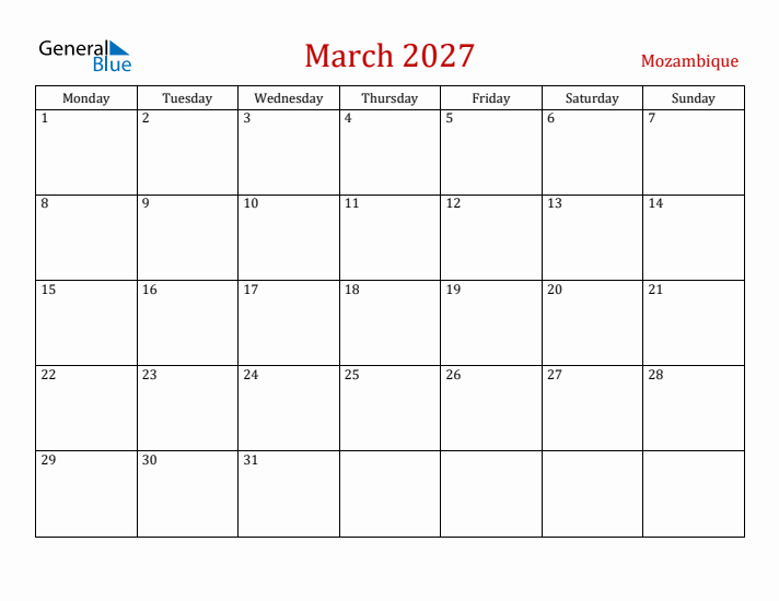 Mozambique March 2027 Calendar - Monday Start