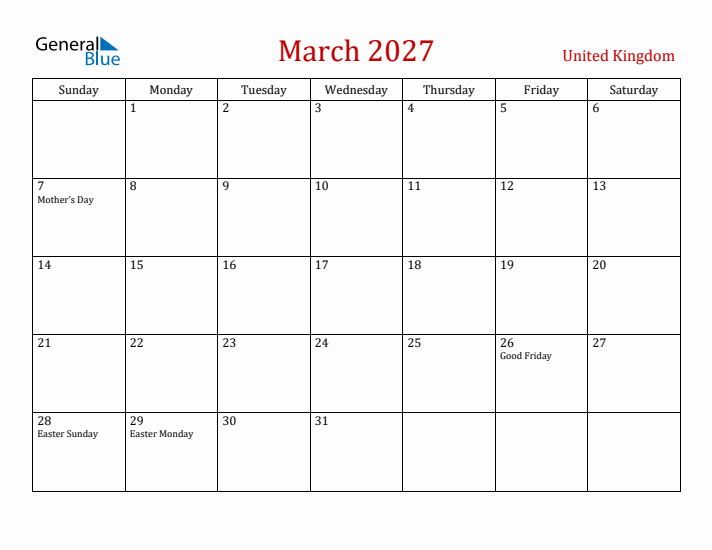 United Kingdom March 2027 Calendar - Sunday Start