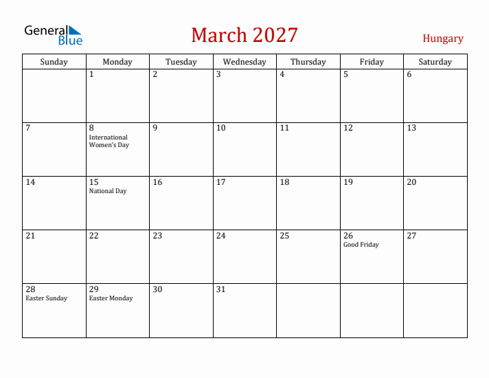 Hungary March 2027 Calendar - Sunday Start