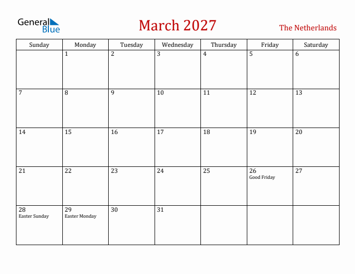 The Netherlands March 2027 Calendar - Sunday Start