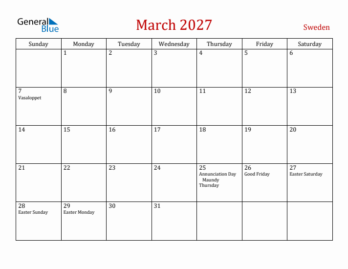 Sweden March 2027 Calendar - Sunday Start