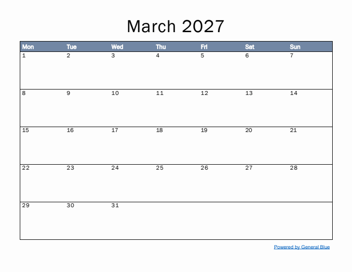 March 2027 Simple Month Calendar Template