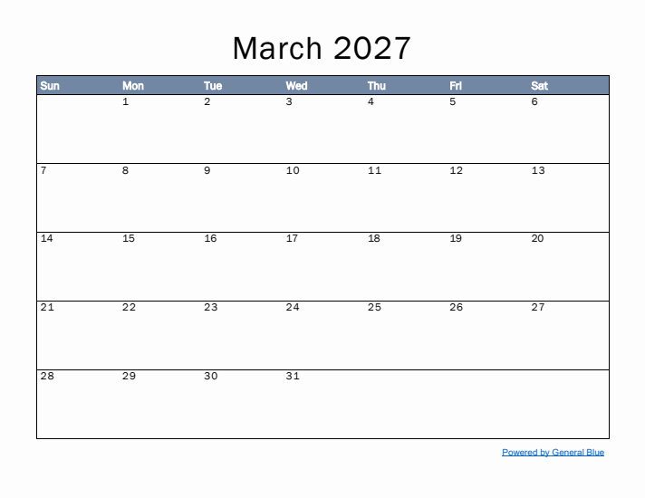 March 2027 Simple Month Calendar Template