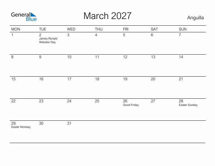 Printable March 2027 Calendar for Anguilla