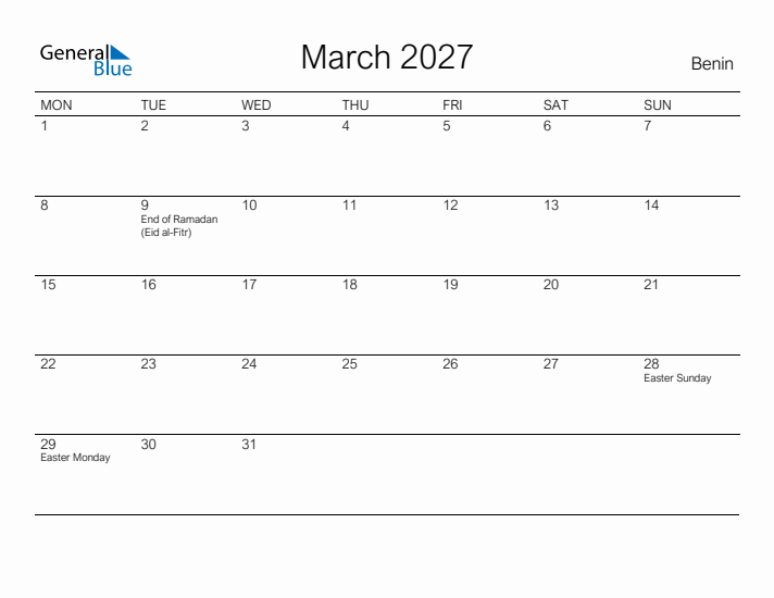 Printable March 2027 Calendar for Benin