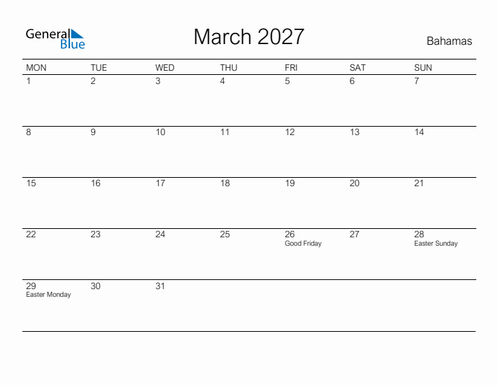 Printable March 2027 Calendar for Bahamas