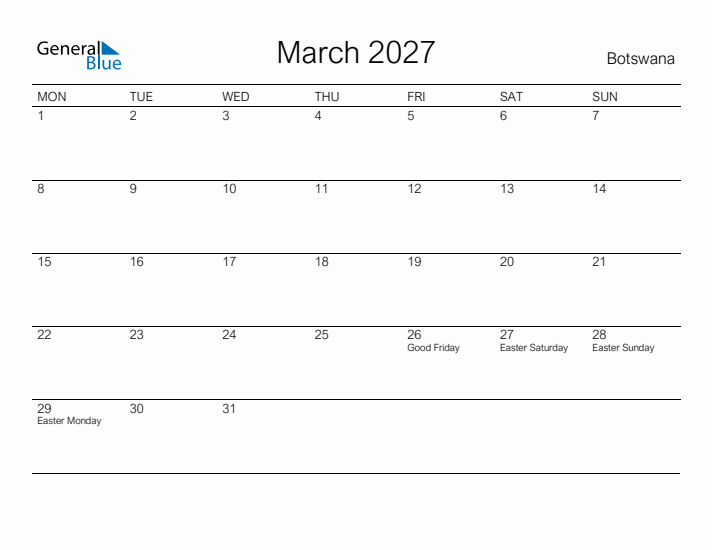 Printable March 2027 Calendar for Botswana