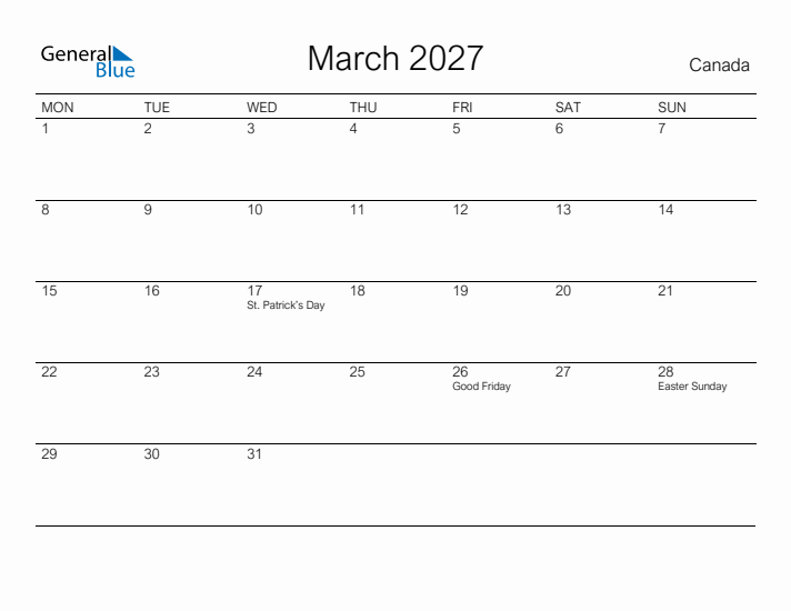 Printable March 2027 Calendar for Canada