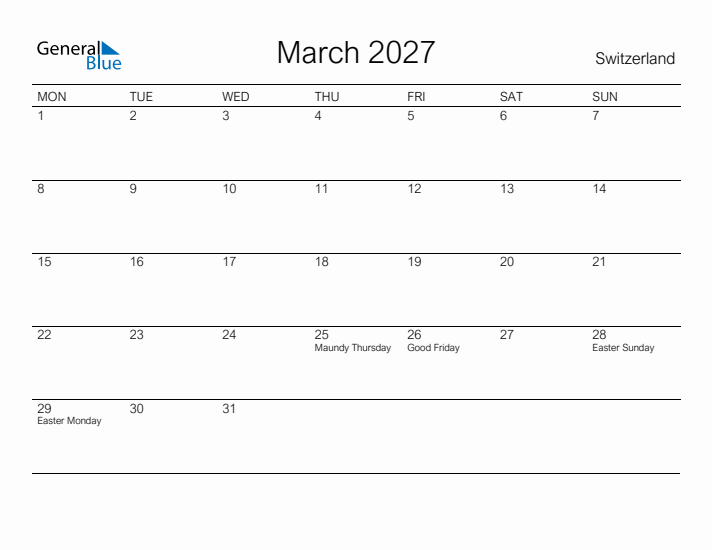 Printable March 2027 Calendar for Switzerland