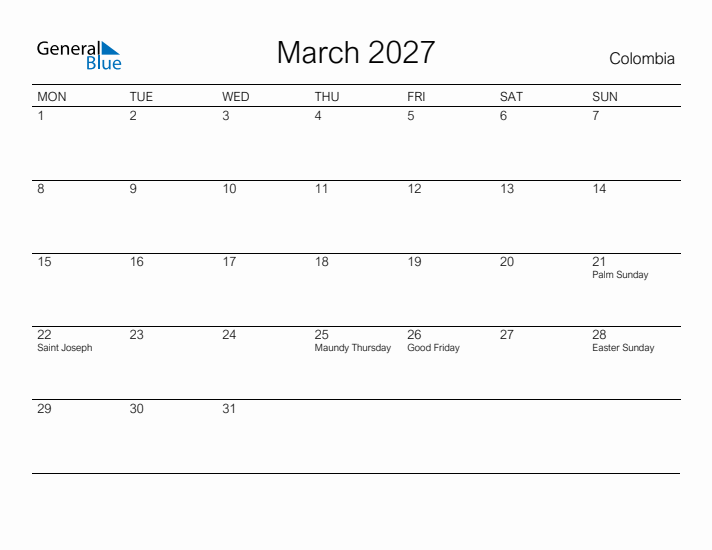 Printable March 2027 Calendar for Colombia