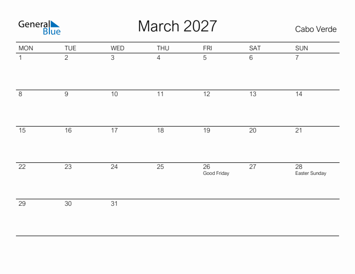 Printable March 2027 Calendar for Cabo Verde