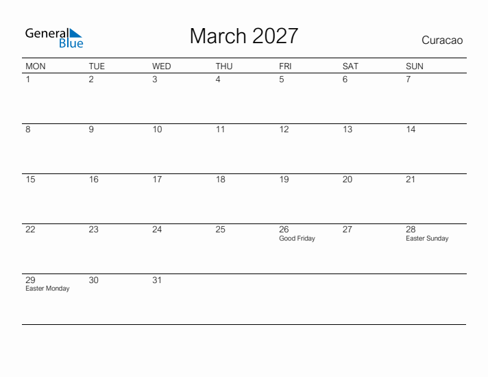 Printable March 2027 Calendar for Curacao