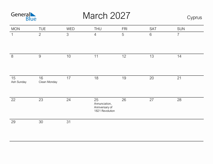 Printable March 2027 Calendar for Cyprus