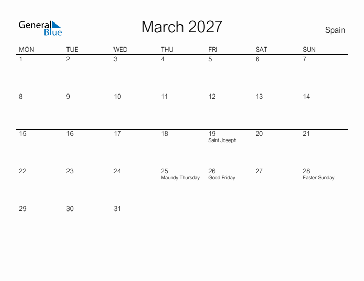 Printable March 2027 Calendar for Spain