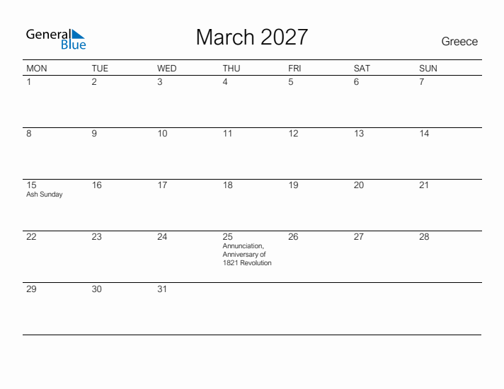 Printable March 2027 Calendar for Greece