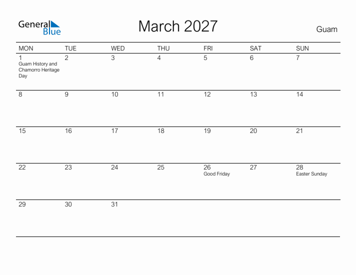 Printable March 2027 Calendar for Guam