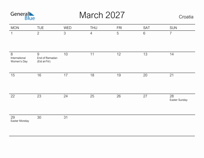 Printable March 2027 Calendar for Croatia