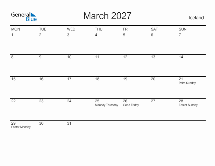 Printable March 2027 Calendar for Iceland