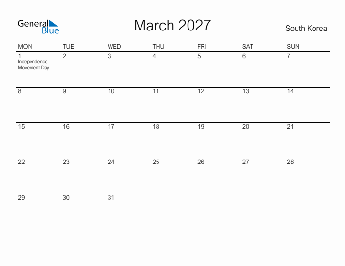 Printable March 2027 Calendar for South Korea