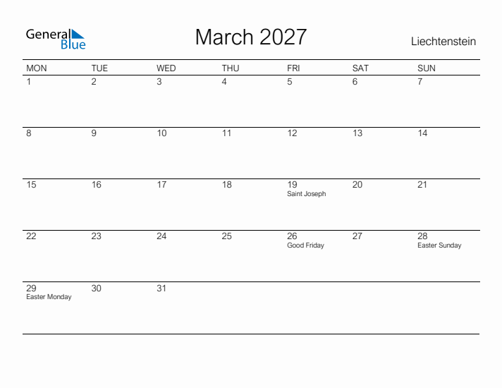 Printable March 2027 Calendar for Liechtenstein