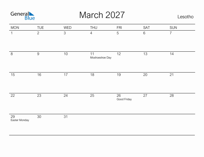 Printable March 2027 Calendar for Lesotho