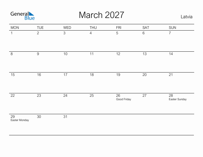 Printable March 2027 Calendar for Latvia