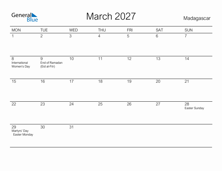 Printable March 2027 Calendar for Madagascar