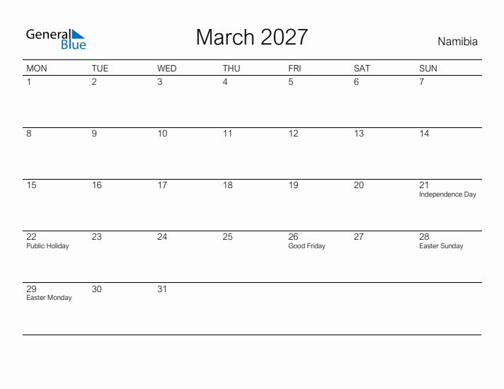 Printable March 2027 Calendar for Namibia