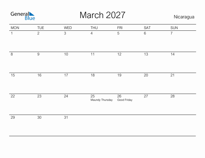 Printable March 2027 Calendar for Nicaragua