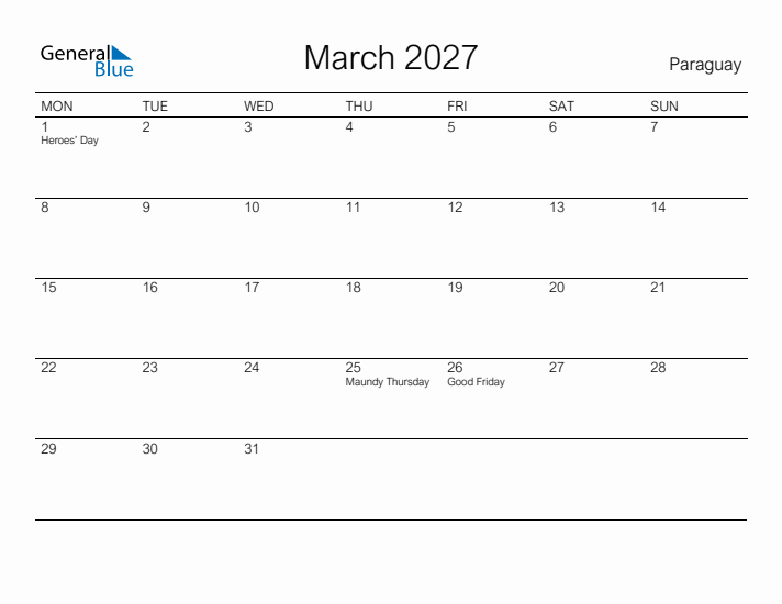 Printable March 2027 Calendar for Paraguay