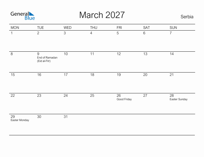 Printable March 2027 Calendar for Serbia