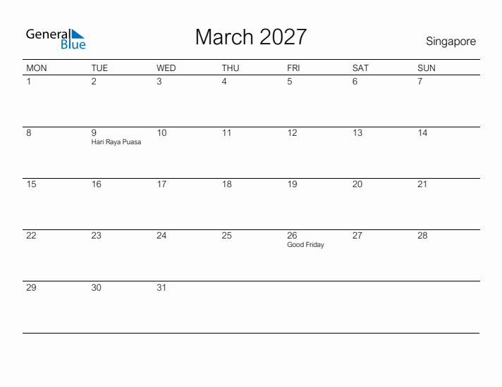 Printable March 2027 Calendar for Singapore