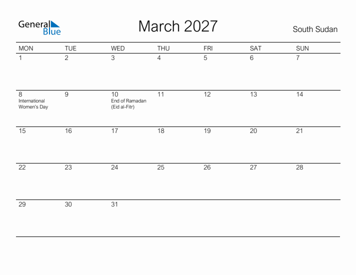 Printable March 2027 Calendar for South Sudan