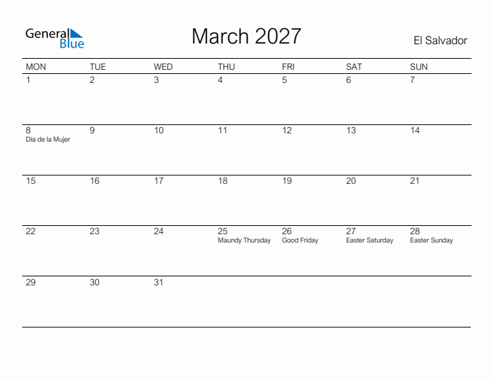 Printable March 2027 Calendar for El Salvador