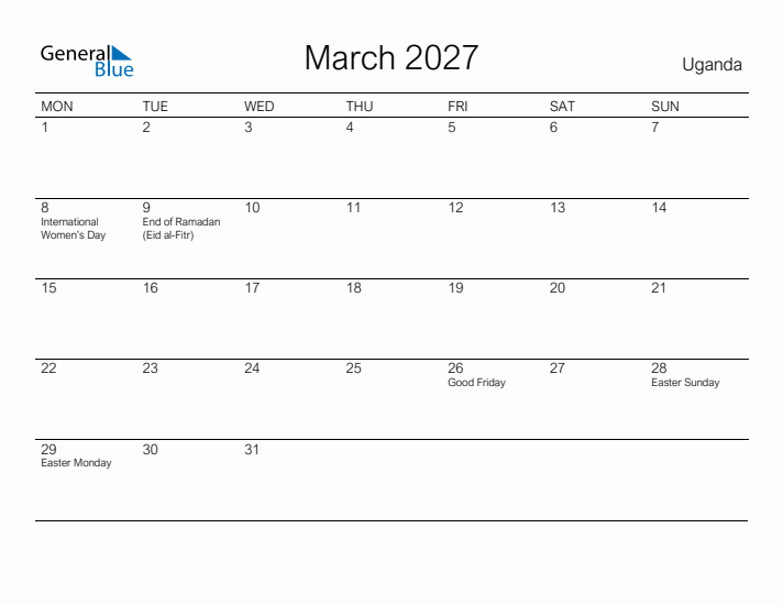 Printable March 2027 Calendar for Uganda