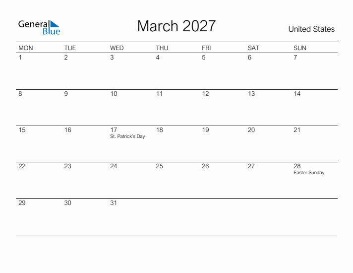 Printable March 2027 Calendar for United States